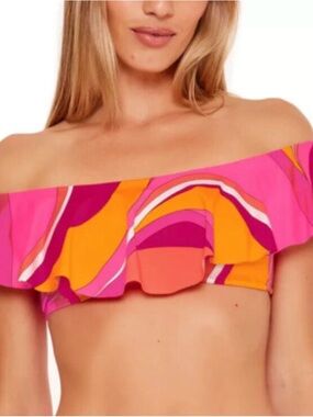 Off-Shoulder Ruffle Bikini Top in Pink & Orange Swirl set